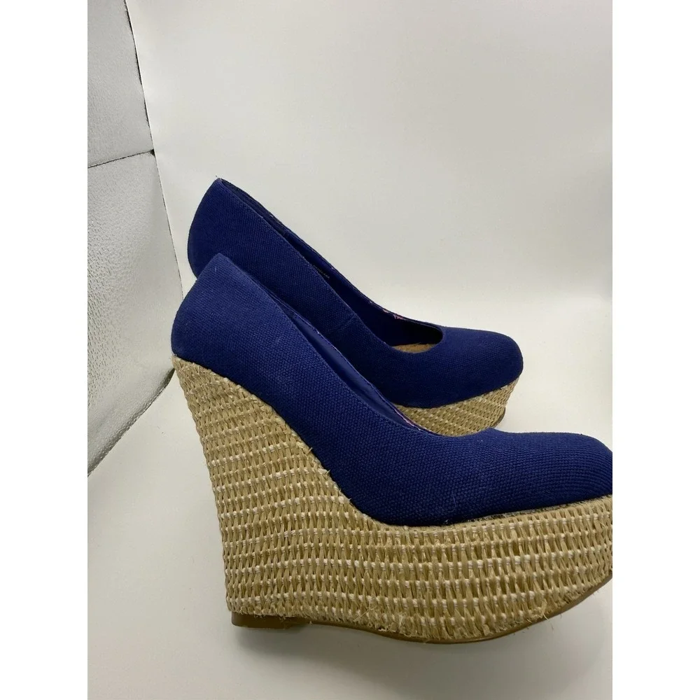 Steve Madden Pamelaa Blue Canvas Espadrille Wedge Heels Size 6.5M Platform